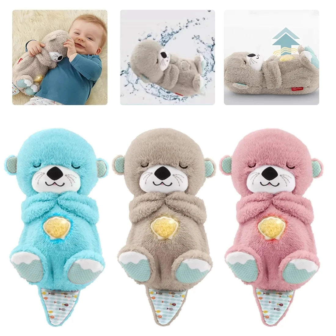 doudou loutre qui respire gris, bleu, rose
