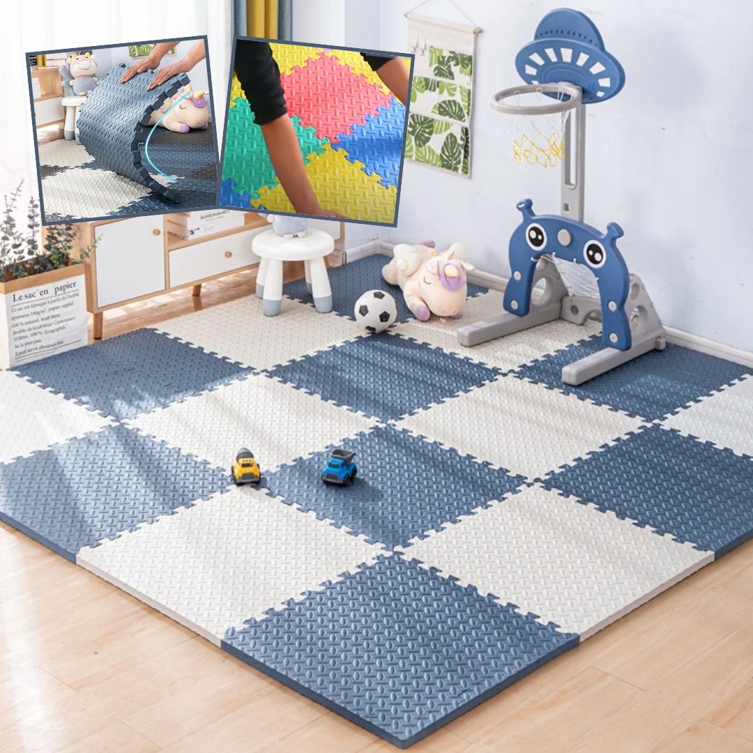 tapis mousse bebe bleu blanc